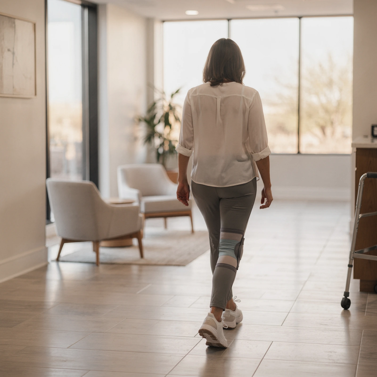 Woman walking through a modern orthopedic clinic waiting room wearing a knee brace